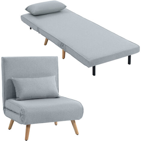 Fauteuil chauffeuse convertible 3 en 1 lit fauteuil lit 1 place dossier 5 positions en tissu avec coussin. gris