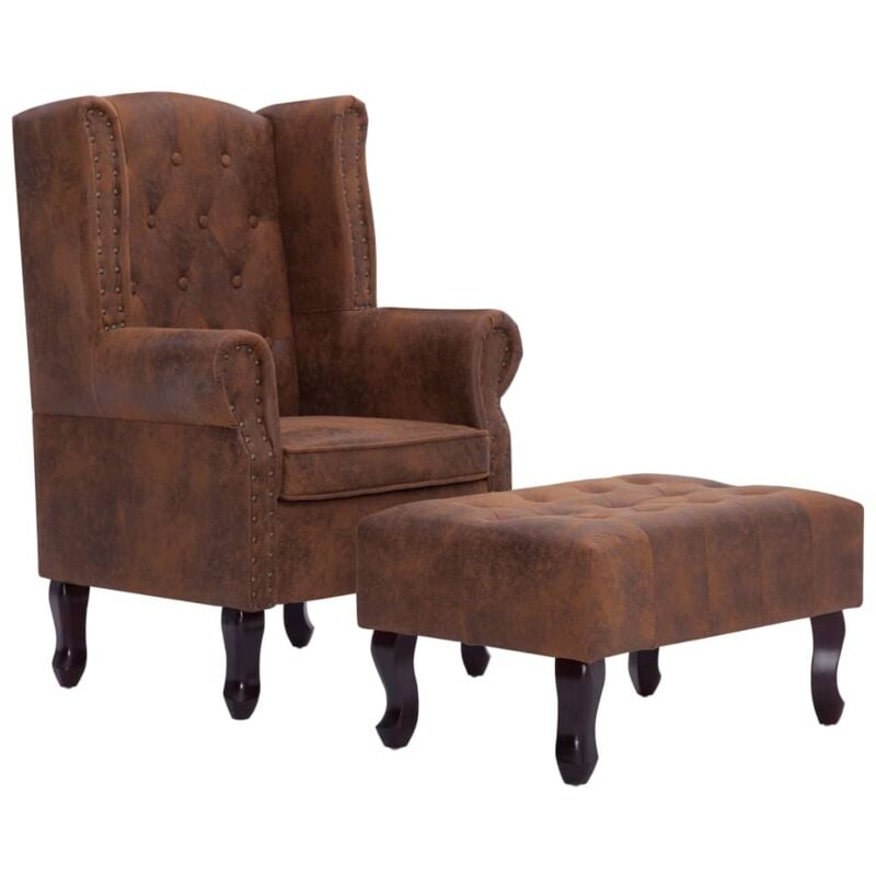 Fauteuil Chesterfield et repose-pieds Marron Similicuir daim Vidaxl