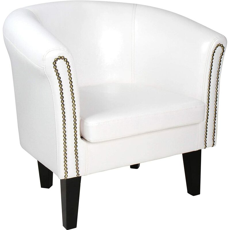 fauteuil chesterfield avec repose pied en synthétique avec éléments décoratifs en cuivre chaise cabriolet tabouret pouf meuble de salon blanc - blanc