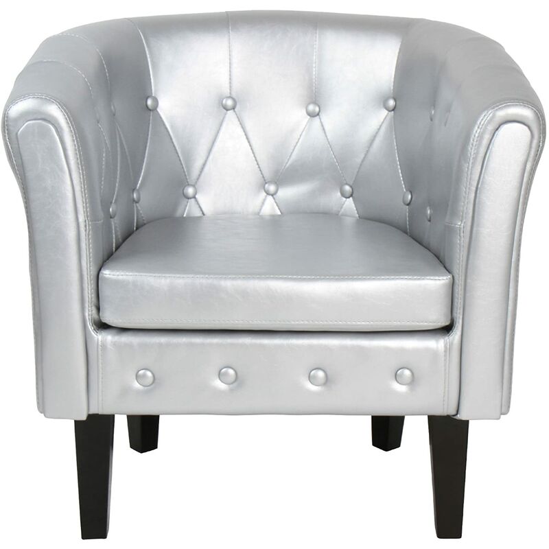 fauteuil chesterfield avec repose pied en synthétique avec éléments décoratifs touffetés chaise cabriolet tabouret pouf meuble de salon argenté
