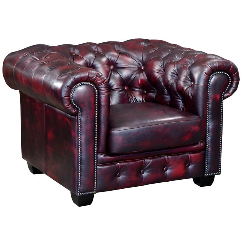 Fauteuil chesterfield BRENTON 100% cuir de buffle - Bordeaux