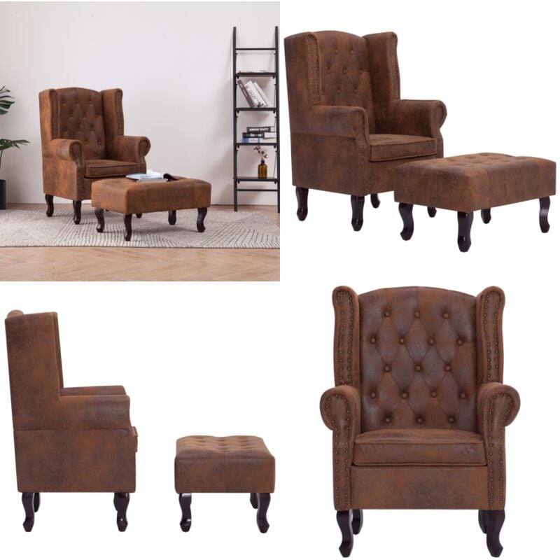 Fauteuil Chesterfield et repose-pieds Marron Similicuir daim - Fauteuil Chesterfield - Fauteuils Confortables - Chaise Relaxante - Mobilier Salon