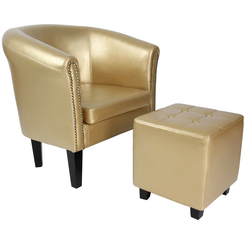 Fauteuil Chesterfield et repose-pieds Salon Rembourré Séjour en imitation Cuir Couleur : or