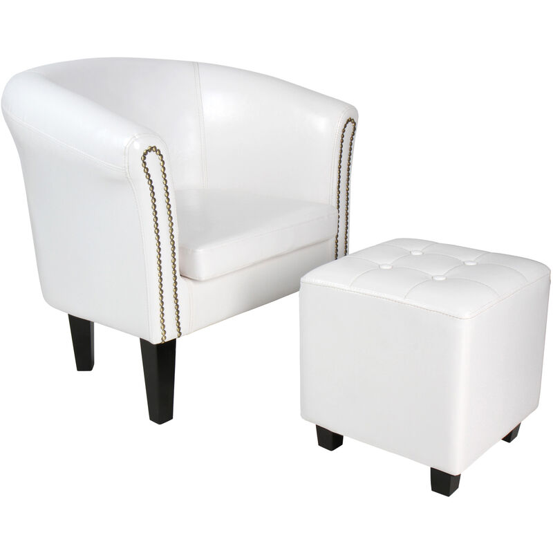 fauteuil chesterfield avec repose-pied - en simili cuir, avec éléments décoratifs en cuivre, blanc - chaise, cabriolet, tabouret pouf, meuble de