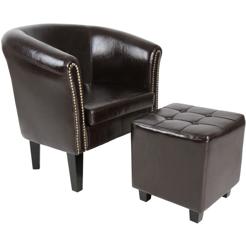 fauteuil chesterfield avec repose-pied - en simili cuir, avec éléments décoratifs en cuivre, marron - chaise, cabriolet, tabouret pouf, meuble de