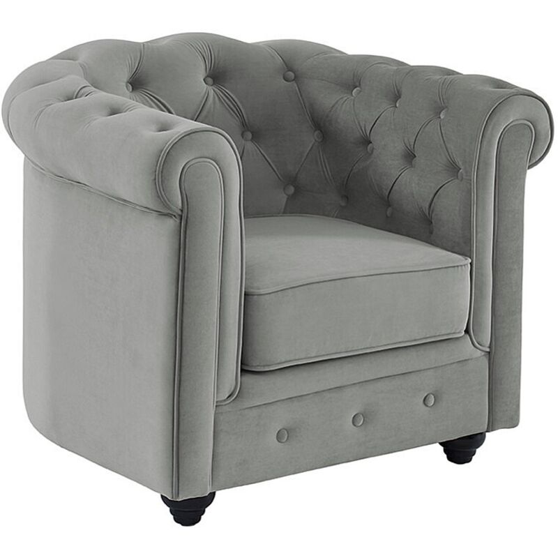 Vente-Unique – Fauteuil Chesterfield 1 place en velours gris clair – Dossier capitonné – Structure bois – Charge max 120 kg – Déhoussable