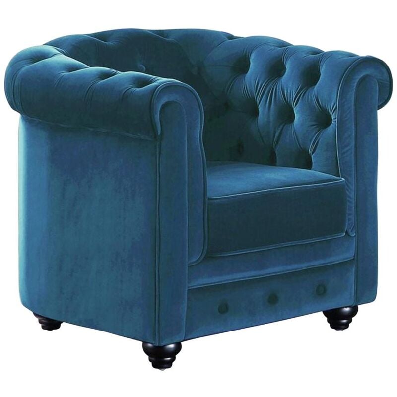 Vente-unique - Fauteuil chesterfield - Velours bleu canard