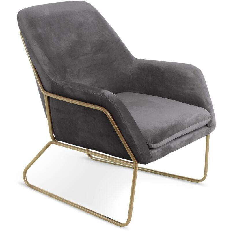 Cotecosy - Fauteuil Claudio Velours Gris pieds Métal Or
