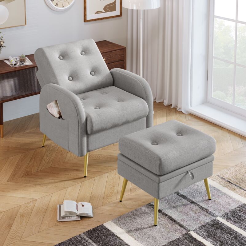 Fauteuil club, Fauteuil avec repose-pieds, dossier réglable sur 3 niveaux, inclinable, fauteuil avec étagères latérales, scandinave - Gris