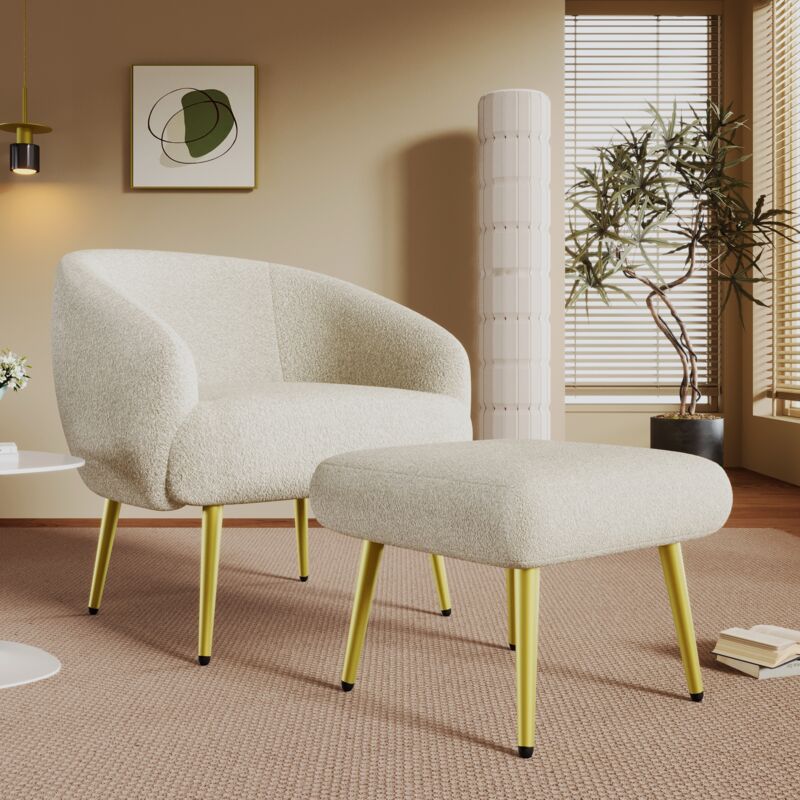 Fauteuil club, Fauteuil avec repose-pieds, fauteuil de salon, design ergonomique, pieds dorés, confort luxe - Blanc