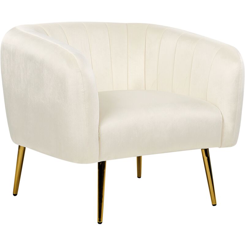 Fauteuil Club Cabriolet en Velours et Acier Beige Crème et Doré Tapissé Laconia