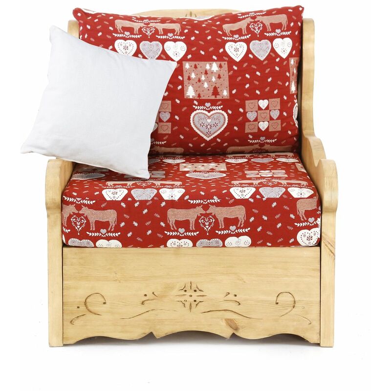 Grenier Alpin - Fauteuil coffre pin massif sculpté Polia rouge Dahu - Rouge