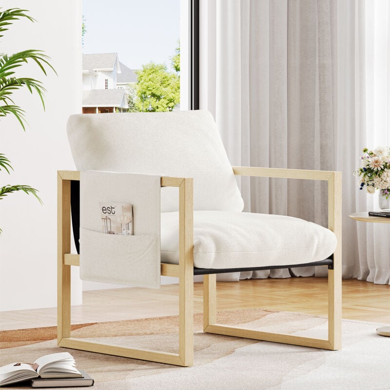 Yoleo - Fauteuil Confortable,Fauteuil de lecture,Cadre en bois massif,Laine d'agneau Rembourré,Poches latérales de rangement,79x68x83cm,Beige