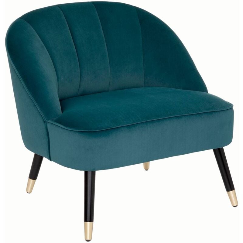 Atmosphera - Fauteuil en Velours Bleu canard et pieds bicolore