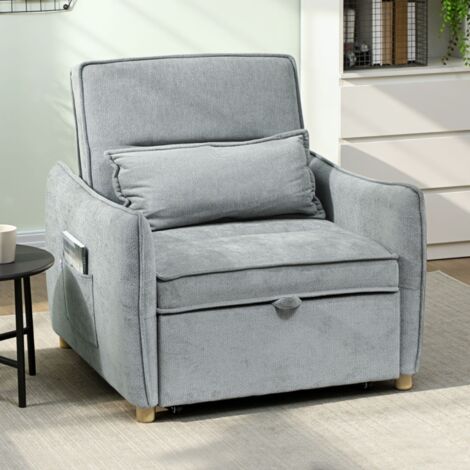 Fauteuil convertible 1 place 3 en 1, fauteuil-lit clic-clac en chenille, assise large dossier réglable, 88x84x87cm, gris