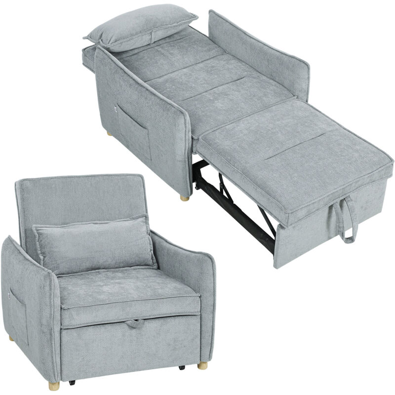 Sillón convertible HOMCOM 1 plaza 3 en 1, sillón-cama Clickle con asiento ancho, respaldo ajustable, almohada y