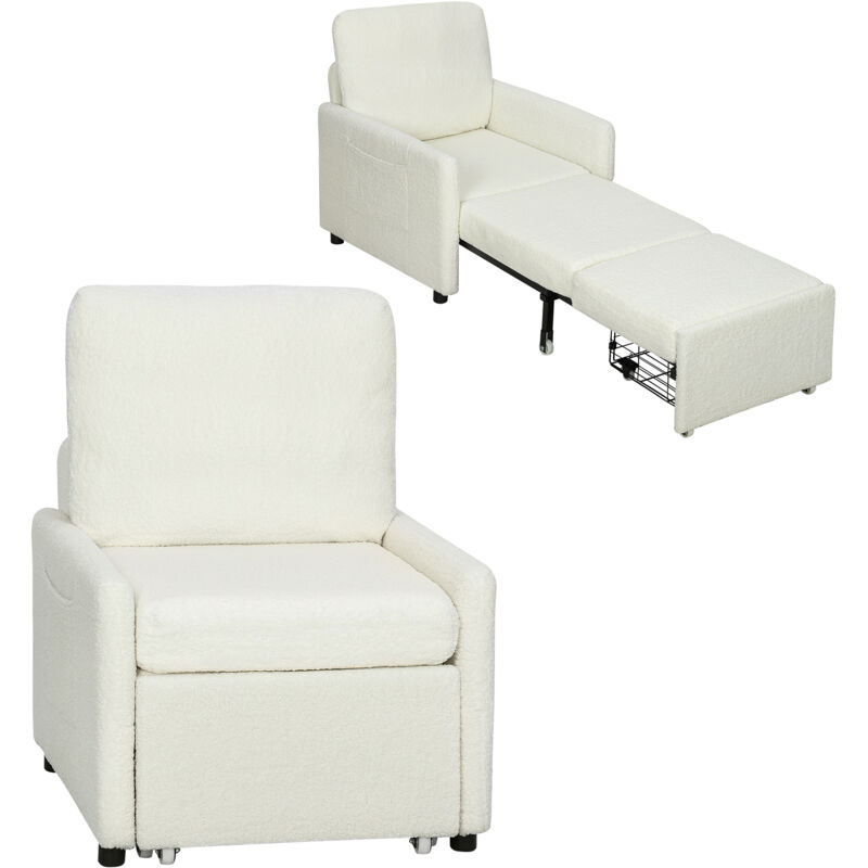 Homcom – Fauteuil convertible 1 place – Rangement caché – Assise large rembourrée en polaire teddy – Dimensions 72 x 85,5 x 91 cm – Couleur crème