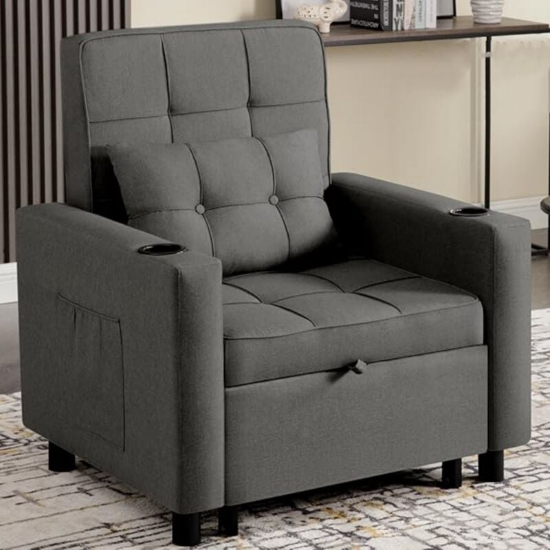 Fauteuil Convertible 1 Place Woltu Fauteuil Lit 1 Place Convertible, Dossier Inclinable Réglable à 6 Positions, en Lin, Gris Foncé