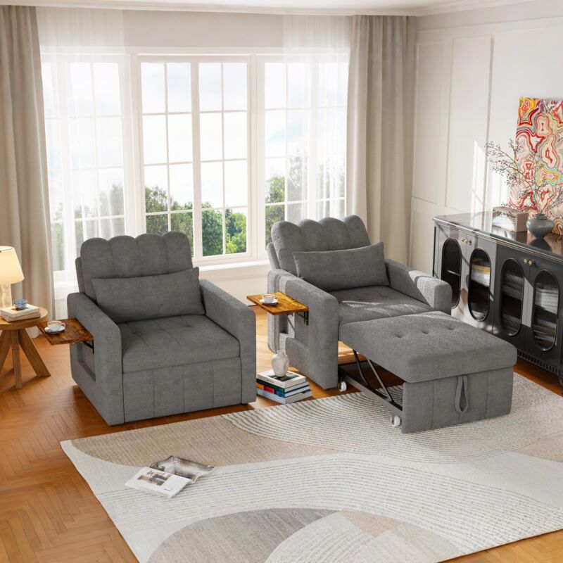 Fauteuil Convertible 108x85x86cm - Canapé-lit 1 Place avec Dossier Réglable (5 Positions), Table Pliante et Poche de Rangement - Tissu Chenille - Gris