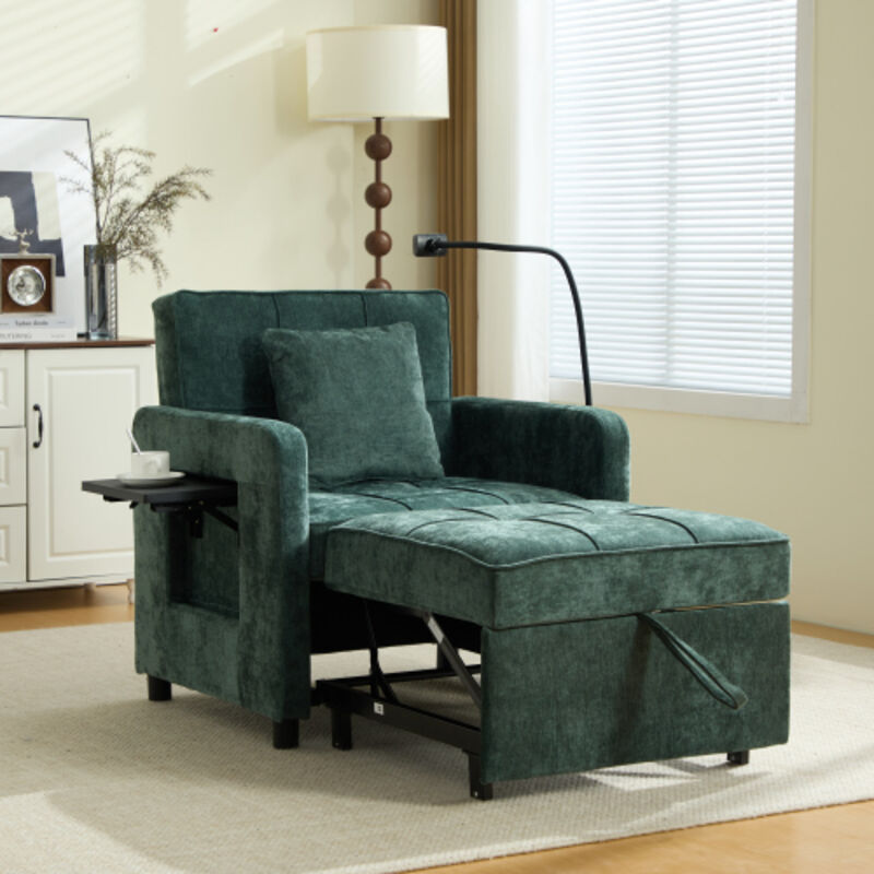Fauteuil convertible 2-en-1 chenille vert 167x79x83 cm – dossier 5 positions, rangements intégrés, plateau, pour salon et studio