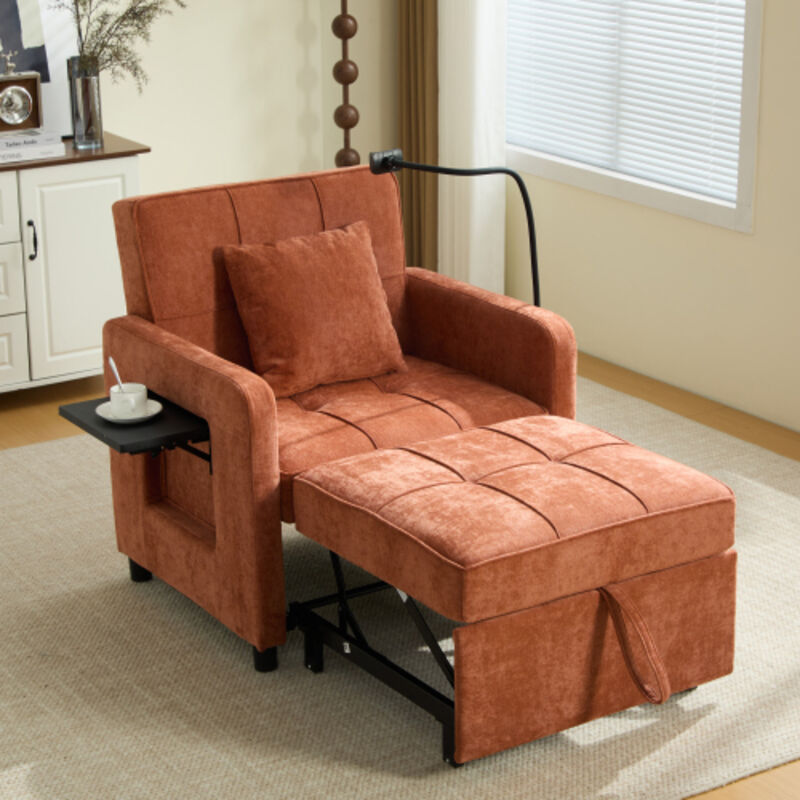 Fauteuil convertible 2-en-1 chenille orange 167x79x83 cm – dossier 5 positions, rangements intégrés, plateau, pour salon et studio