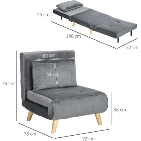 Fauteuil convertible 2 en 1 (lit d'appoint), 72 cm x 78 cm x 79 cm, gris