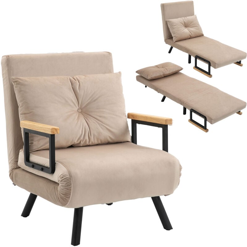 Fauteuil convertible 3 en 1 chauffeuse lit dossier réglable coussin accoudoirs bois velours beige