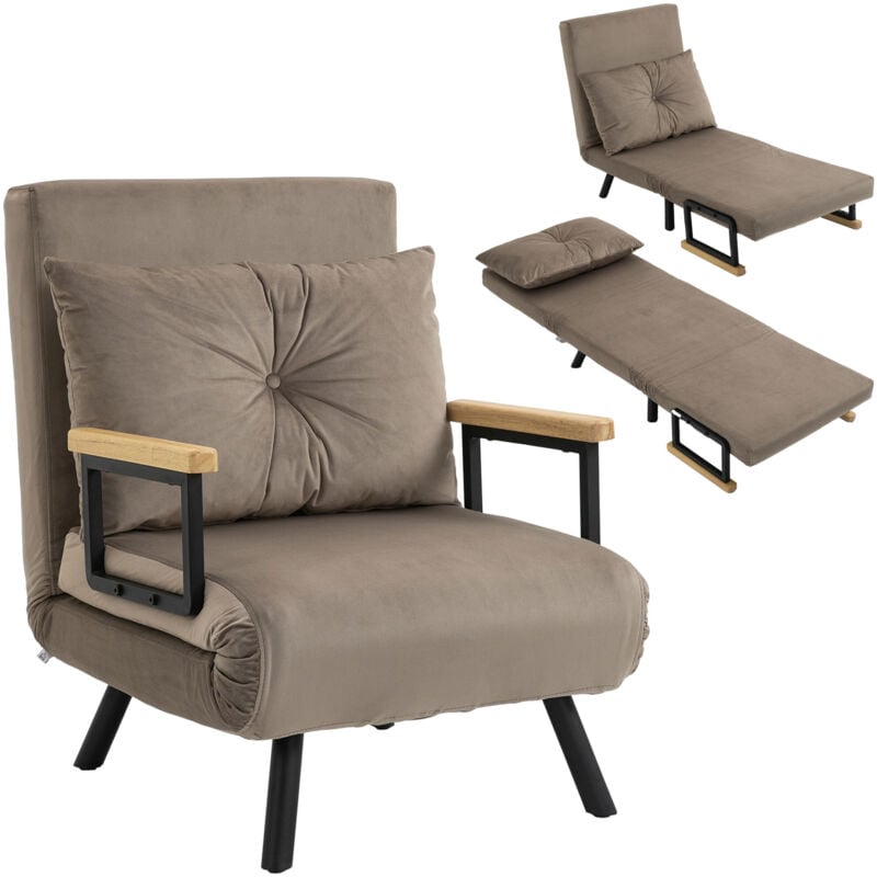 Fauteuil convertible 3 en 1 chauffeuse lit dossier réglable coussin accoudoirs bois velours gris