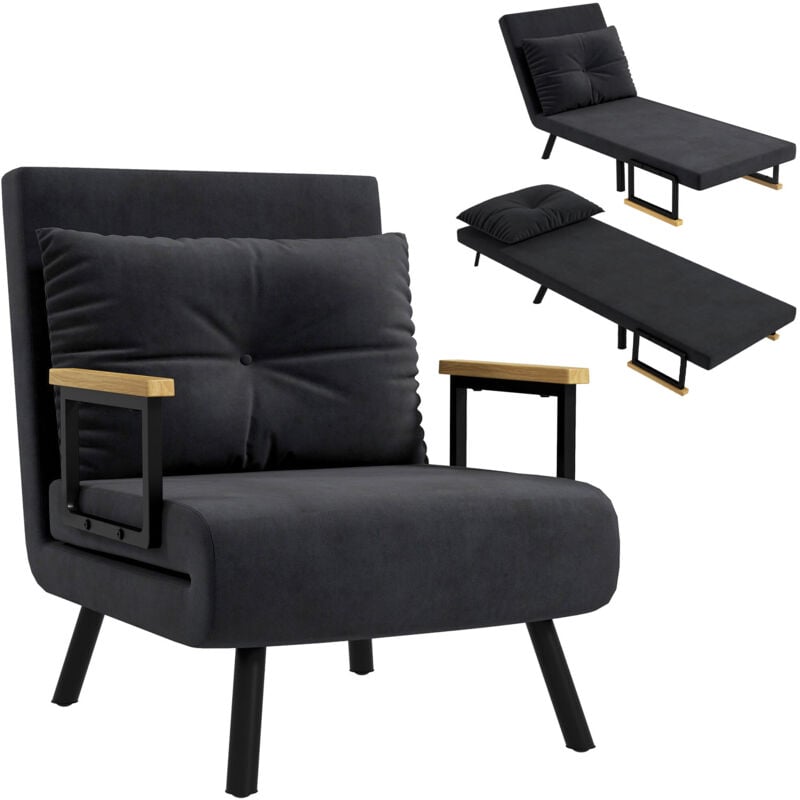 Fauteuil convertible 3 en 1 chauffeuse lit dossier réglable coussin accoudoirs bois velours noir