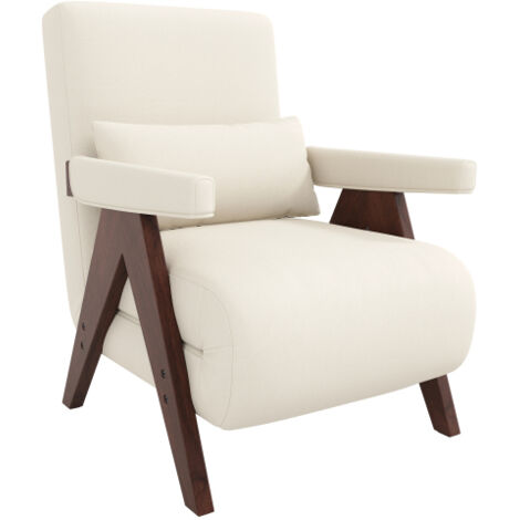 Fauteuil convertible 3 en 1 en lin, dossier réglable 6 positions, avec coussin et pieds en bois, beige