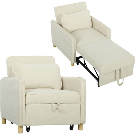 Fauteuil convertible 3 en 1 : fauteuil avec fonction lit, assise large idéale pour le salon, beige