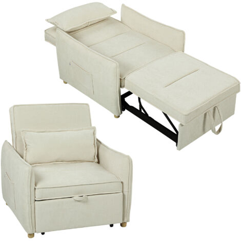 Fauteuil convertible 3 en 1 : fauteuil avec fonction lit et coussin lombaire, idéal pour le salon, couleur crème.