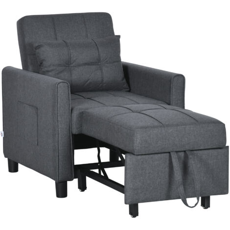 Fauteuil convertible 3 en 1 gris avec dossier inclinable, coussin et rangement intégré, dimensions compactes 69x82x85cm