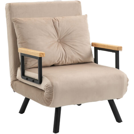 Fauteuil convertible 3-en-1 lit 1 place dossier 5 positions, accoudoirs bois et coussin, tissu velouté beige