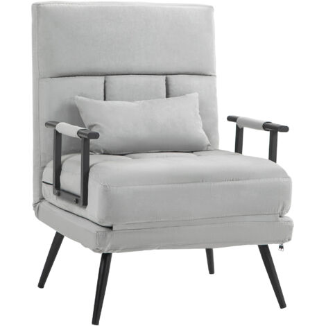 Fauteuil convertible 3 en 1 lit 1 place dossier inclinable 5 positions accoudoirs coussin tissu effet velours gris