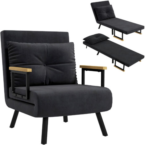 Fauteuil convertible 4 en 1 lit 1 place dossier 5 positions, accoudoirs en bois et coussin, tissu effet velours, noir
