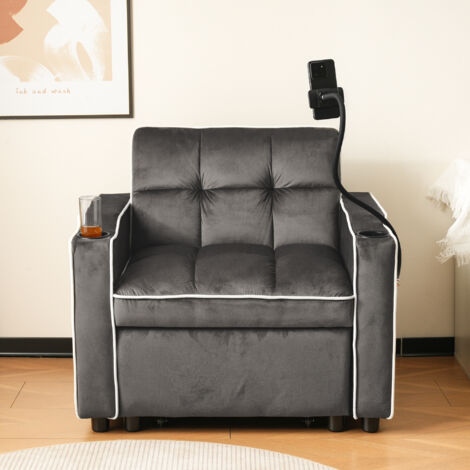 Fauteuil convertible 83 x 167(75) x 76 cm 3 en 1 - avec porte-gobelets et support pour téléphone - canapé inclinable - gris