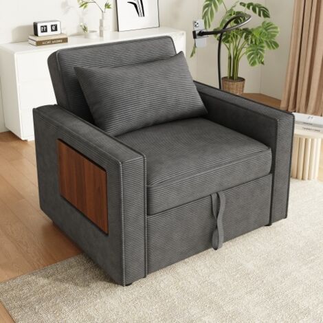 Fauteuil convertible - avec réglage dossier 3 positions, USB/Type-C, tablette latérale - en velours gris - livré assemblé