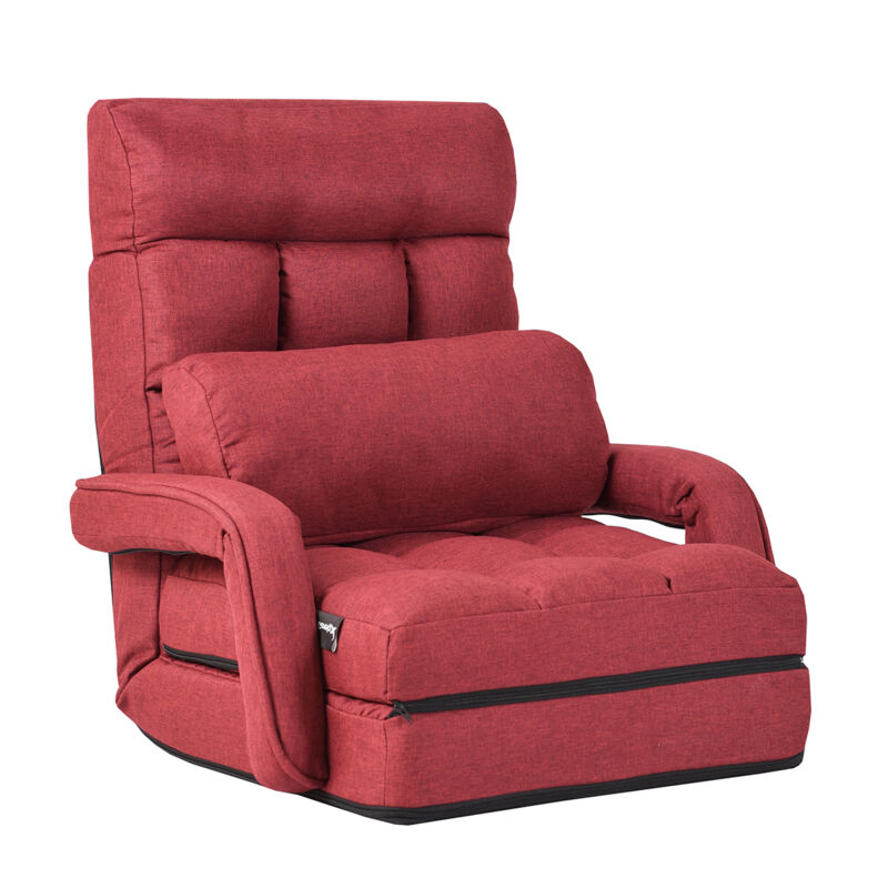 Fauteuil Convertible Chauffeuse Convertible 1 Place avec Oreiller 5 Positions en Tissu Lin Éponge 54x56x70cm Rouge design in