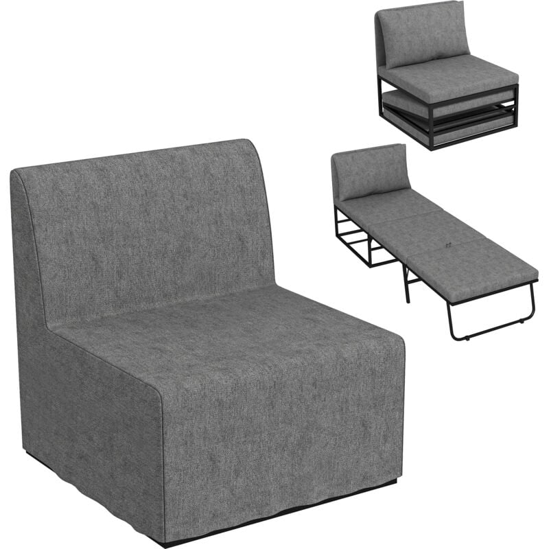 Homcom - Fauteuil convertible chauffeuse coussin et housse inclus métal noir tissu gris
