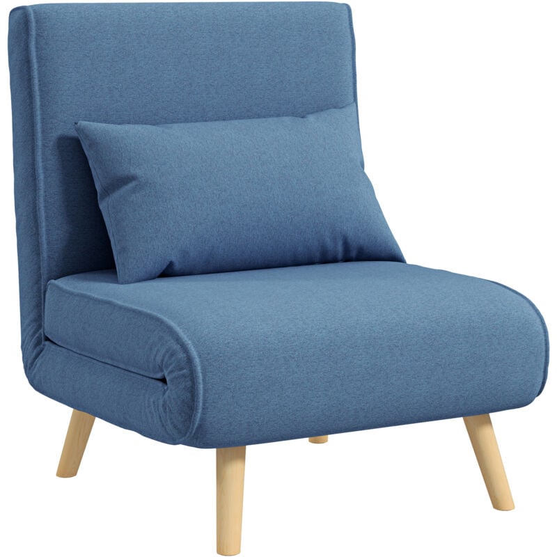 Fauteuil convertible design scandinave - fauteuil relax chauffeuse - dossier inclinable réglable, coussin - bois tissu bleu
