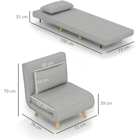Fauteuil convertible, dossier réglable 6 positions, aspect lin, jusqu'à 150 kg, gris clair