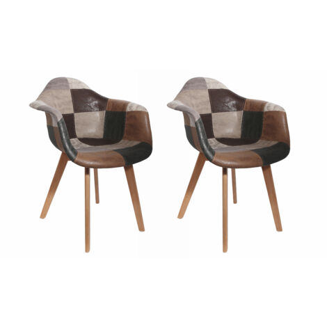 Fauteuil relax patchwork en PU – Lot de 2 – 4 pieds en bois brut – Revêtement doux pour confort optimal