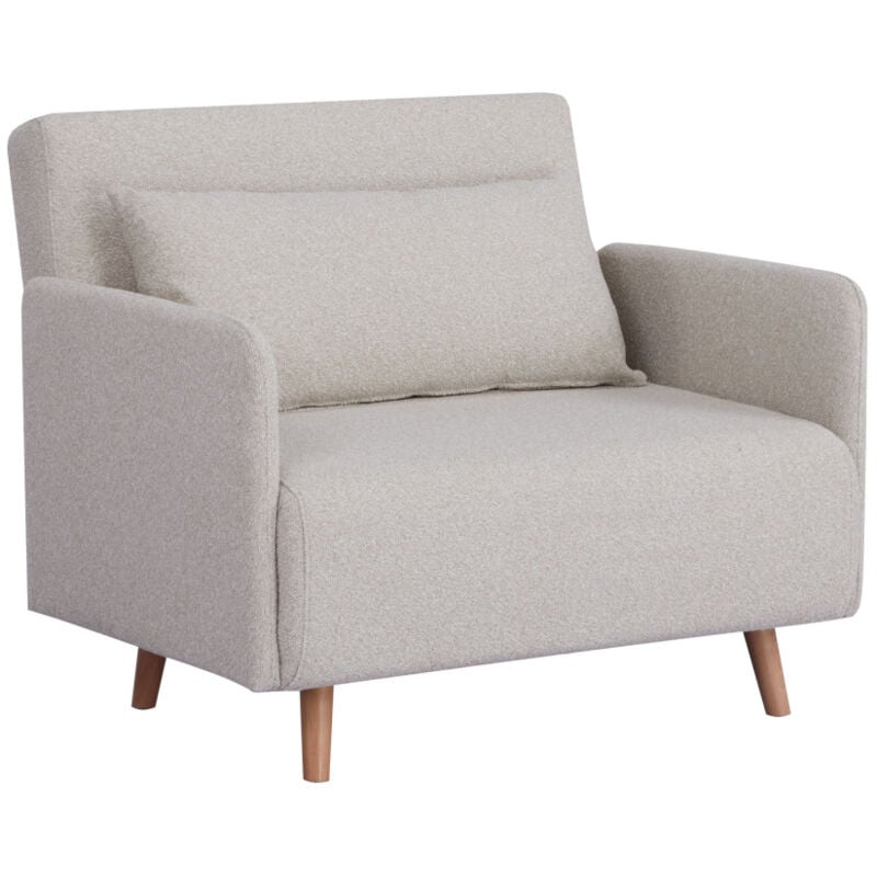Drawer - Fauteuil convertible en tissu bouclette pieds bois clair - Écru - belushi