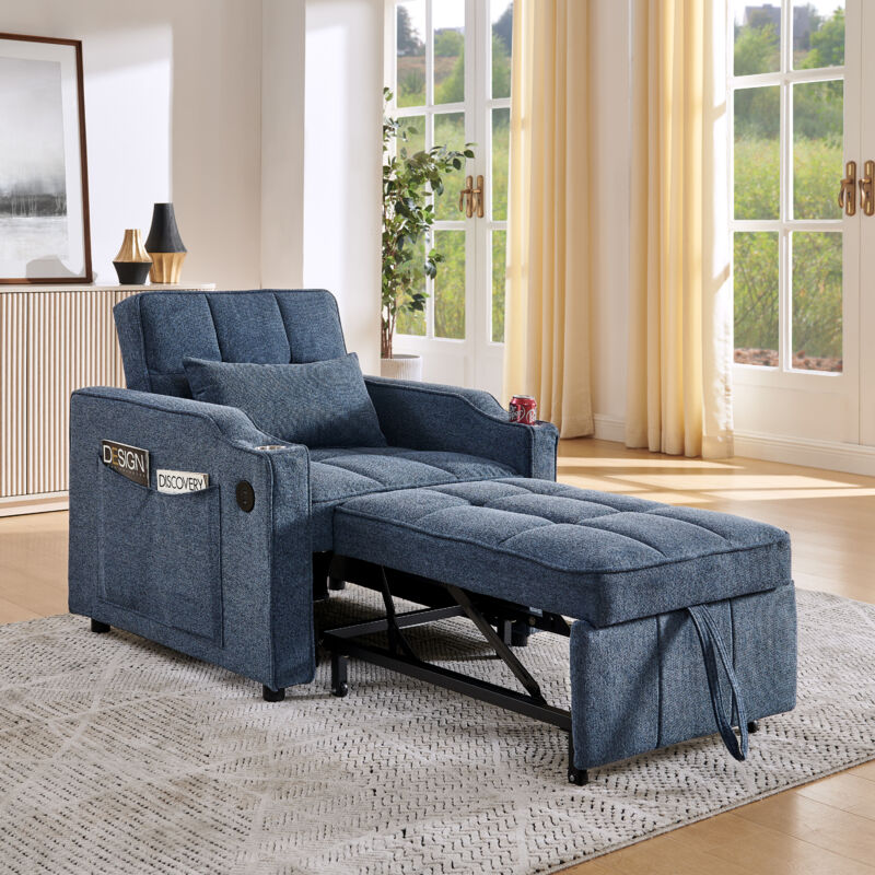 Fauteuil Convertible Lit 1 Place - Lit banquette 3-en-1 avec ports USB, coulissant, structure bois et tissu - gris foncé bleu marine