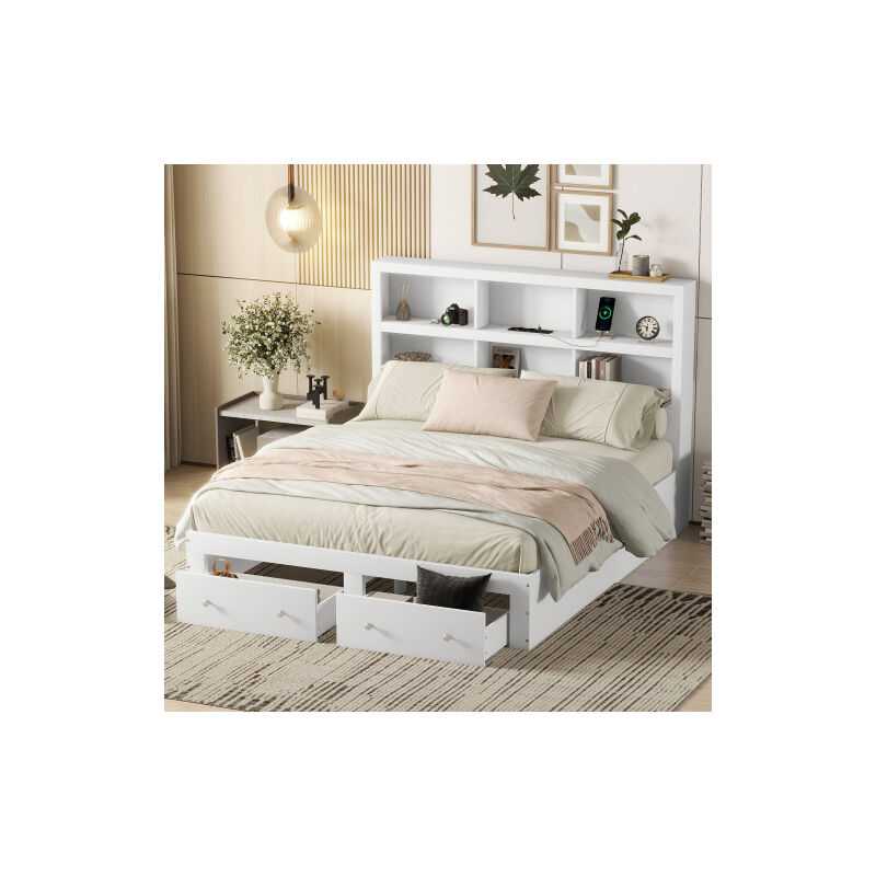 Wishdor - Lit adulte Lit double 160 x 200 cm avec 2 tiroirs. tête de lit fonctionnelle avec 6 rangements, blanc