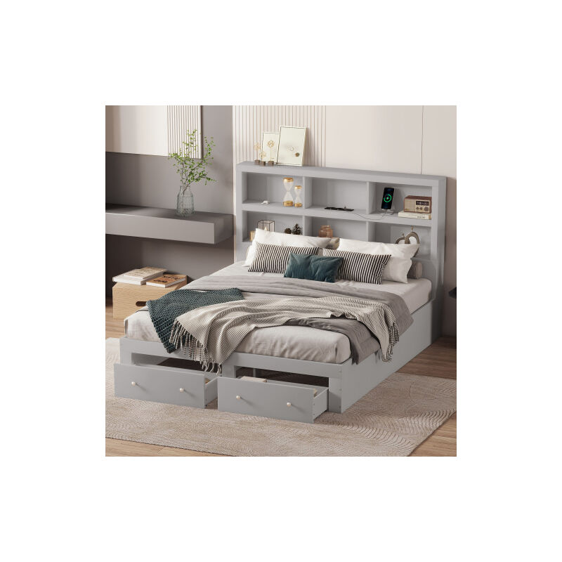 Wishdor - Lit adulte Lit double 160 x 200 cm avec 2 tiroirs. tête de lit fonctionnelle avec 6 rangements, gris