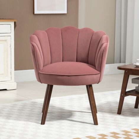 Fauteuil coquillage en velours avec coussin et dossier, pieds bois hévéa, 66×66×78,5 cm, rose