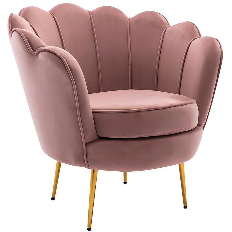 Pascal Morabito – Fauteuil relax coquillage en velours rose – 1 place – Garnissage mousse polyuréthane – Pieds en métal doré – Dimensions 78x76.5x75cm