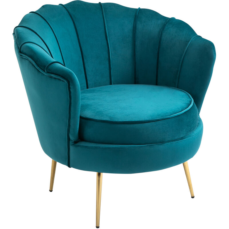 Homcom - Fauteuil coquillage fauteuil design dim. 79L x 77l x 77H cm pieds dorés effilés velours bleu canard